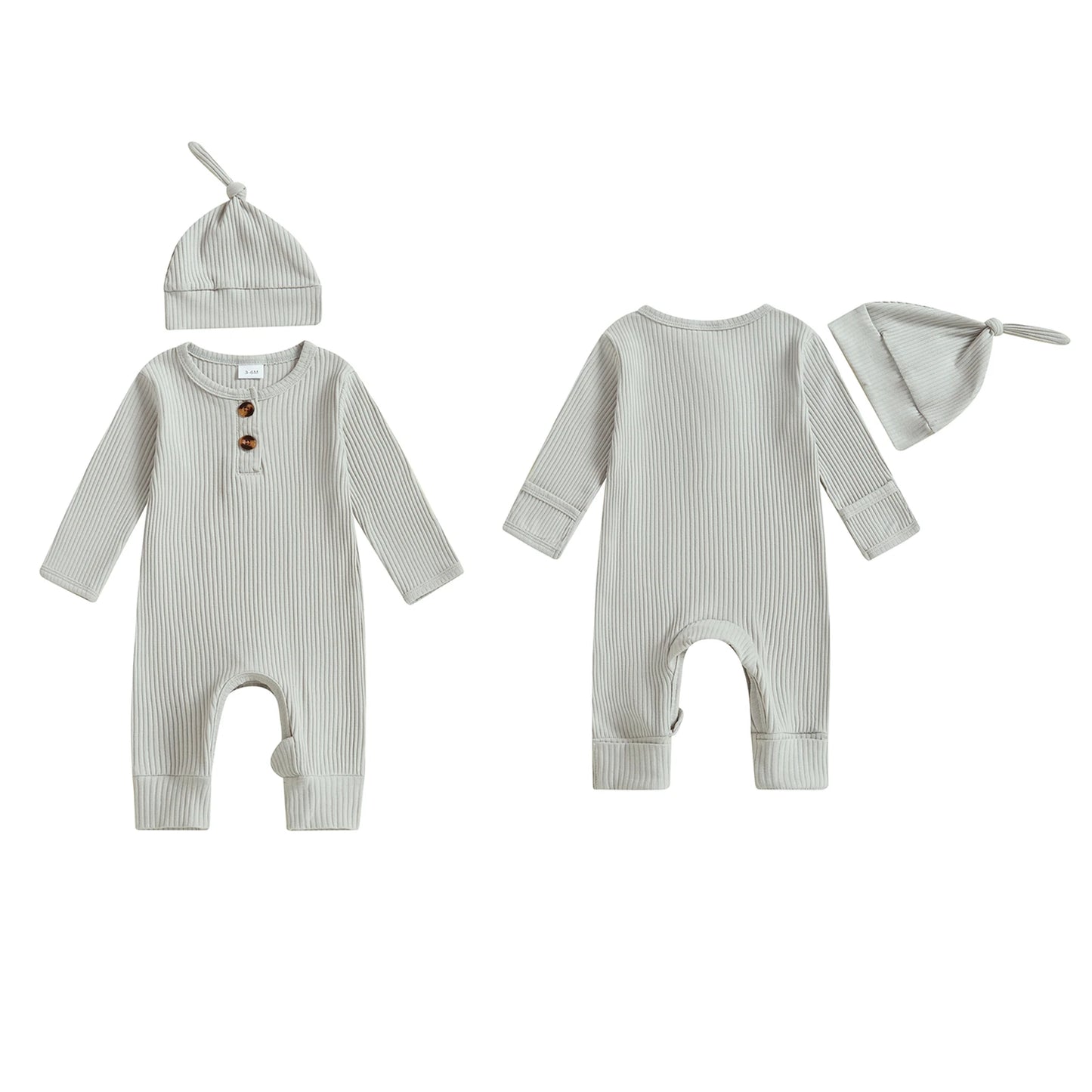 2025 Autumn Toddler Baby Girls Boys Knit Rompers Newborn Long Sleeve Crew Neck Solid Color Ribbed Button Jumpsuit with Hat