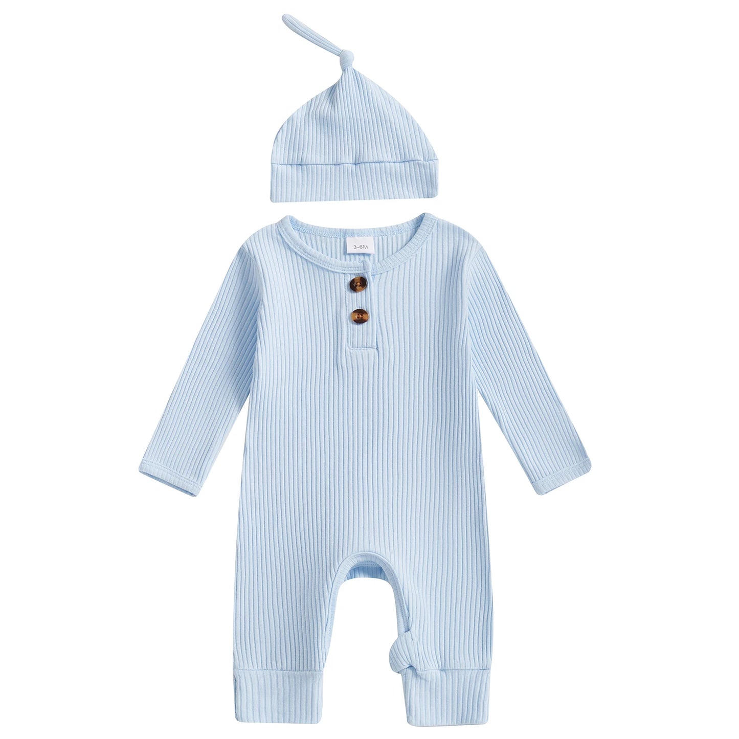 2025 Autumn Toddler Baby Girls Boys Knit Rompers Newborn Long Sleeve Crew Neck Solid Color Ribbed Button Jumpsuit with Hat