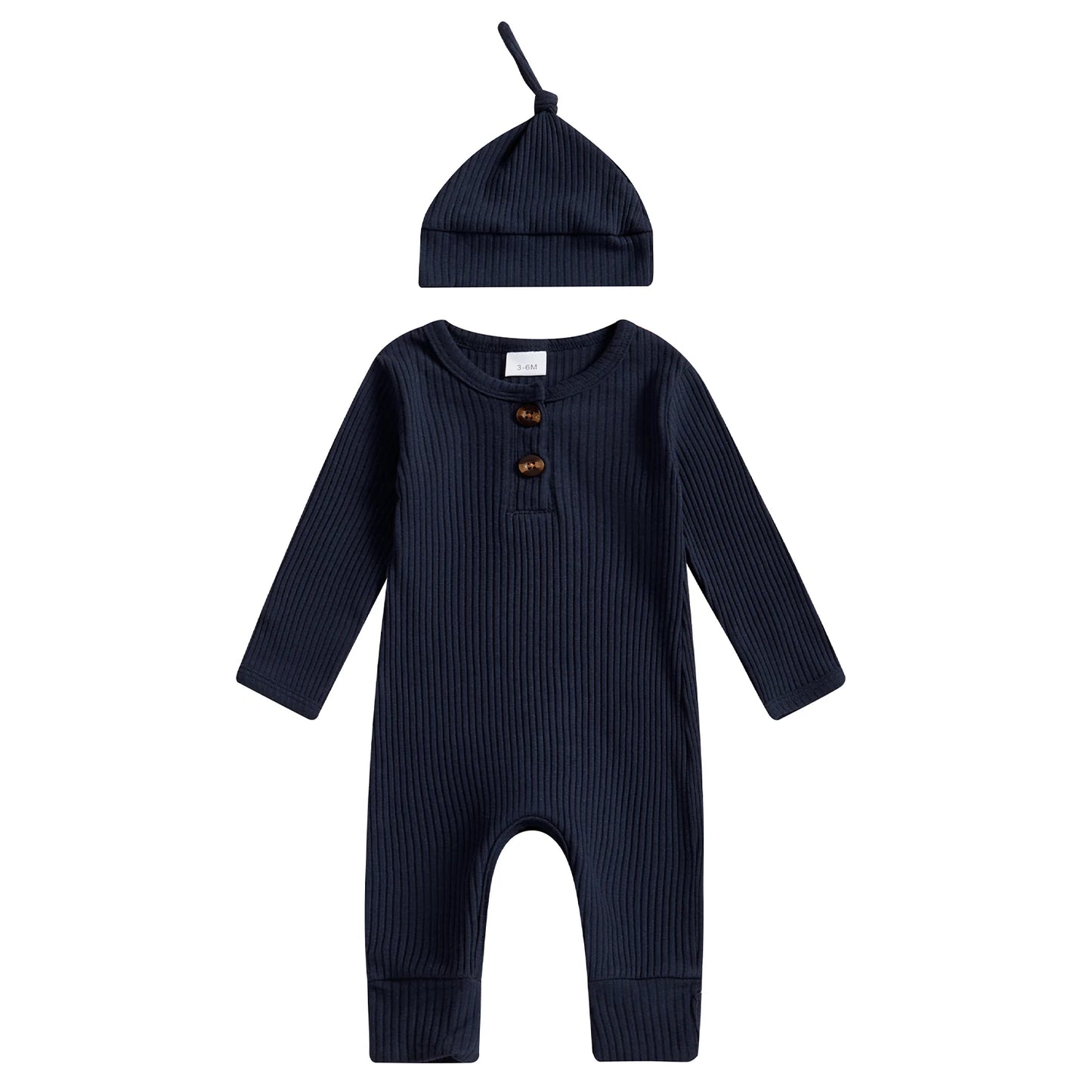2025 Autumn Toddler Baby Girls Boys Knit Rompers Newborn Long Sleeve Crew Neck Solid Color Ribbed Button Jumpsuit with Hat