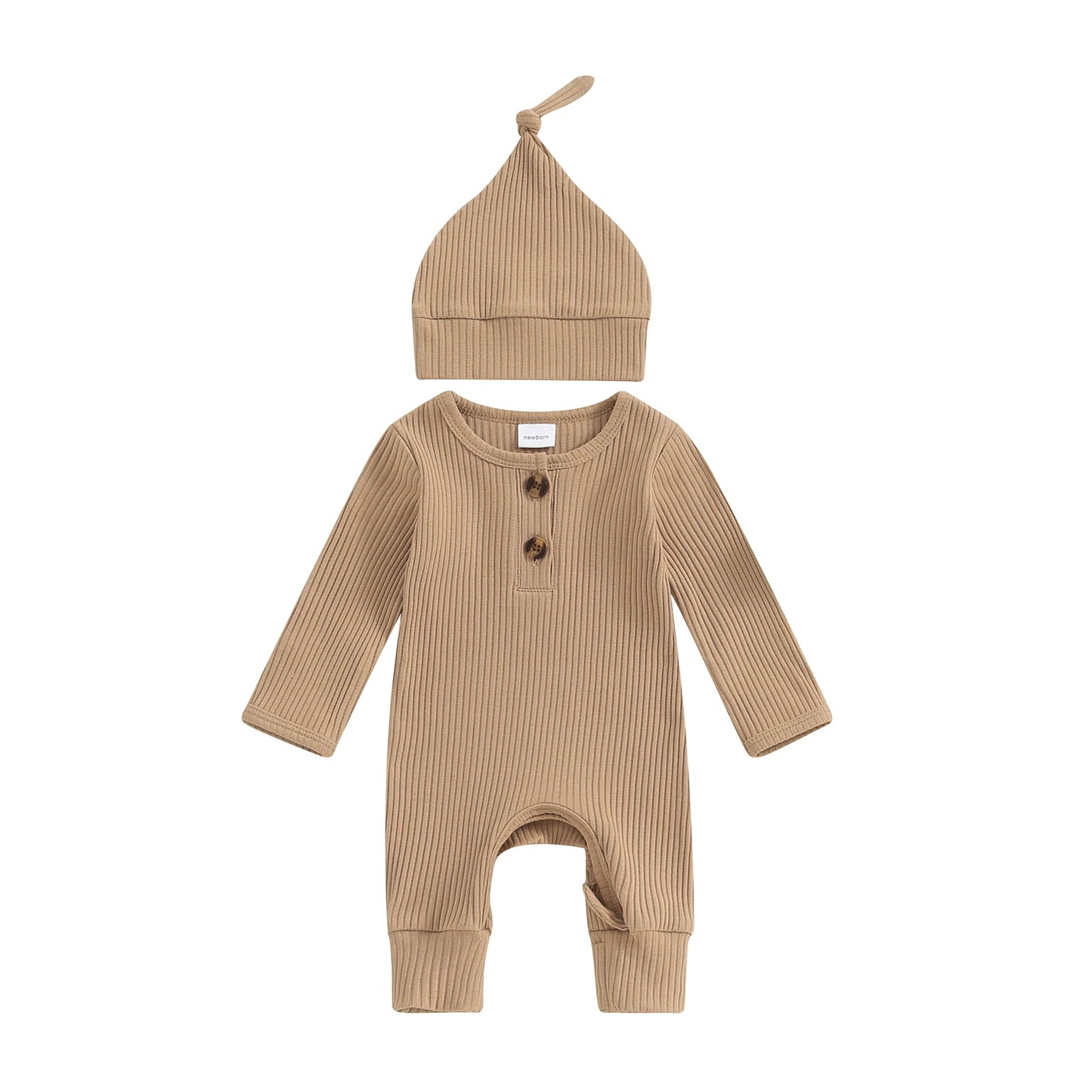 2025 Autumn Toddler Baby Girls Boys Knit Rompers Newborn Long Sleeve Crew Neck Solid Color Ribbed Button Jumpsuit with Hat