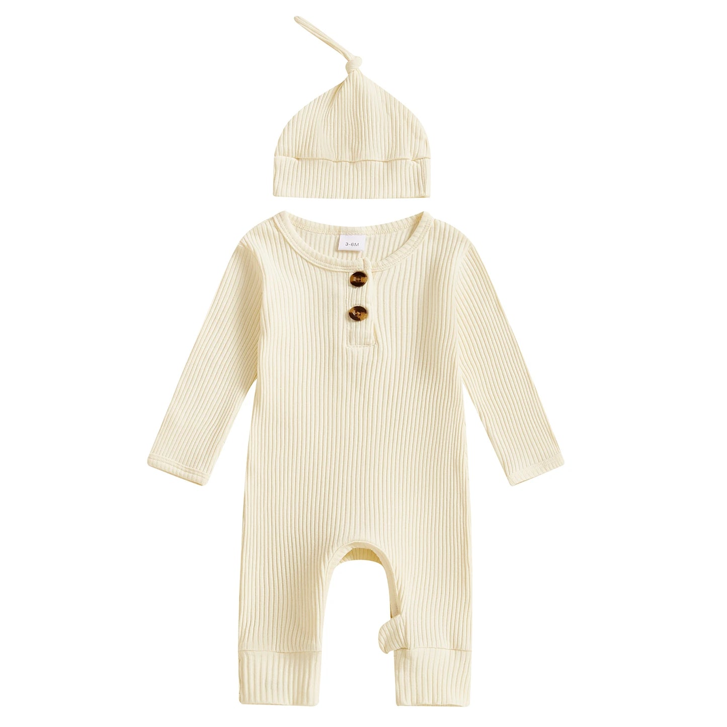 2025 Autumn Toddler Baby Girls Boys Knit Rompers Newborn Long Sleeve Crew Neck Solid Color Ribbed Button Jumpsuit with Hat
