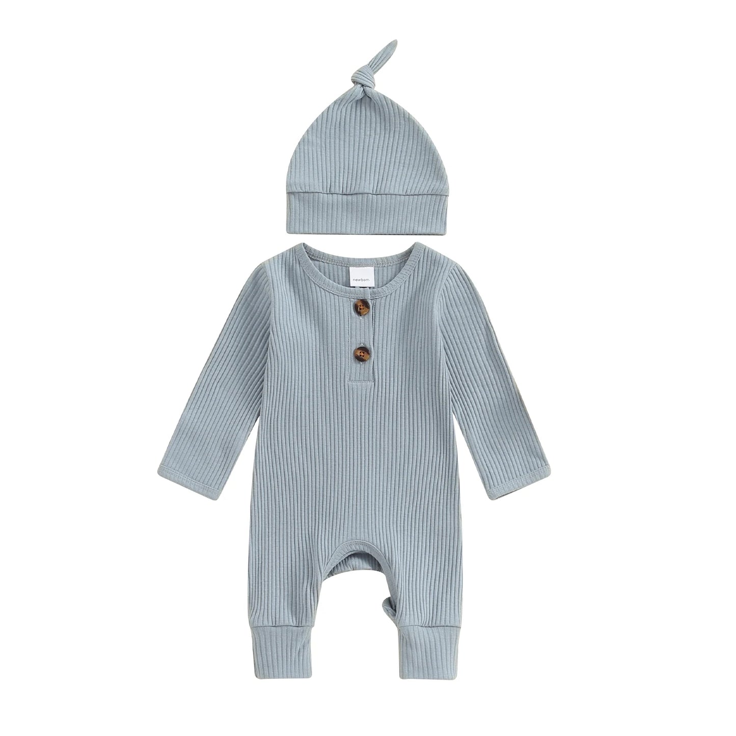 2025 Autumn Toddler Baby Girls Boys Knit Rompers Newborn Long Sleeve Crew Neck Solid Color Ribbed Button Jumpsuit with Hat
