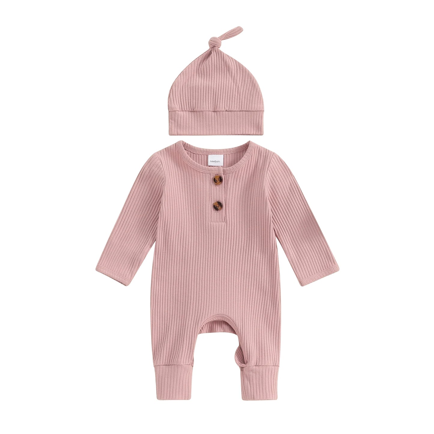2025 Autumn Toddler Baby Girls Boys Knit Rompers Newborn Long Sleeve Crew Neck Solid Color Ribbed Button Jumpsuit with Hat