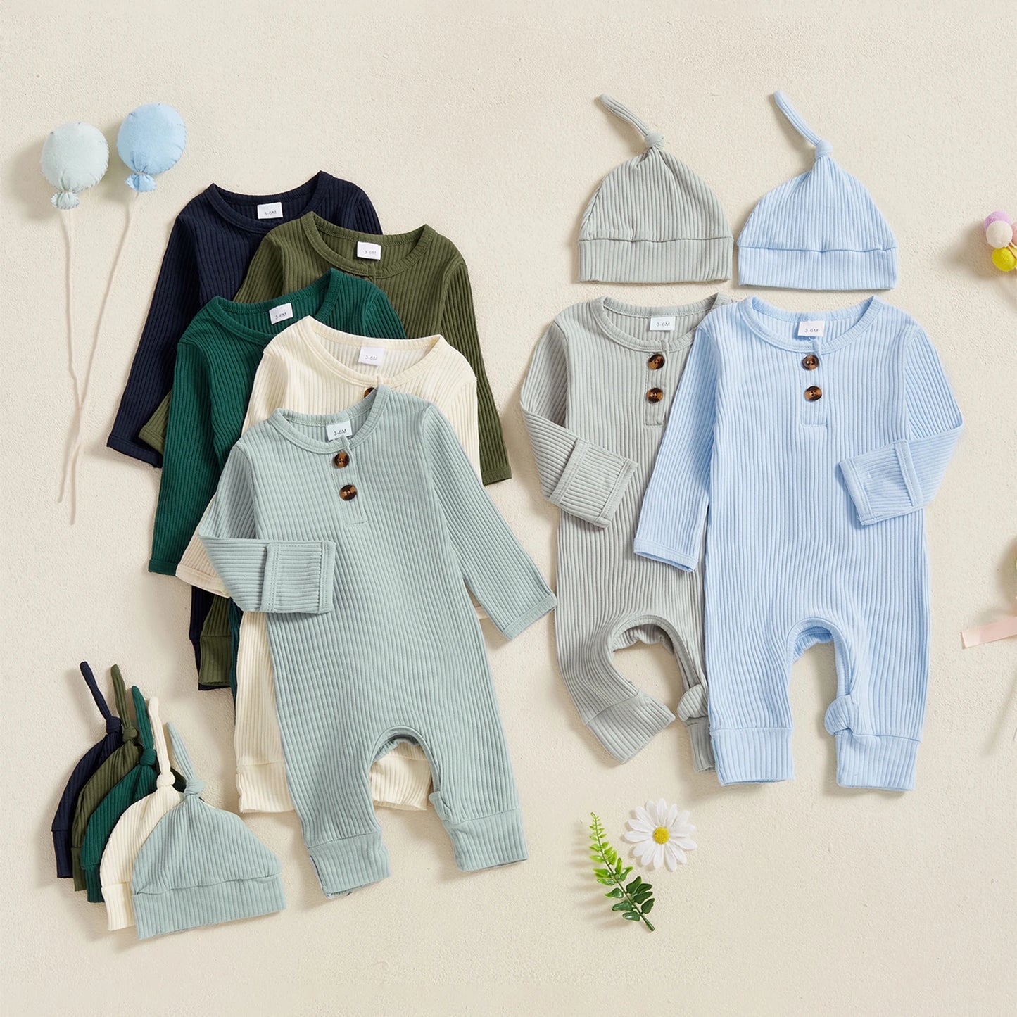 2025 Autumn Toddler Baby Girls Boys Knit Rompers Newborn Long Sleeve Crew Neck Solid Color Ribbed Button Jumpsuit with Hat