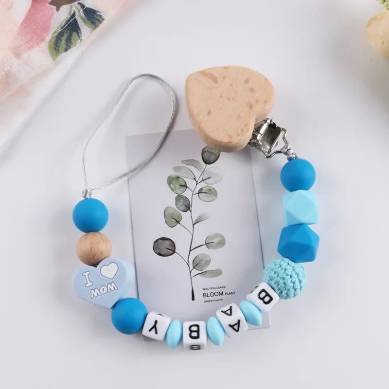 Personalized Name Baby Pacifier Clips Silicone Heart Wood Dummy Nipple Holder Clip Chain Pacifiers Teethers Newborn Teething Toy