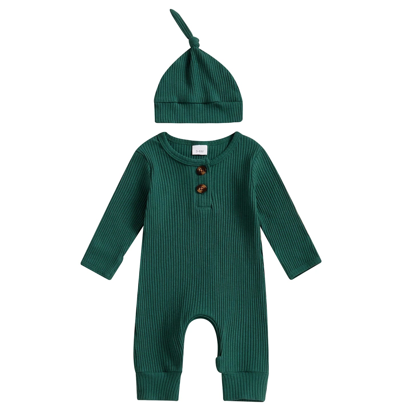 2025 Autumn Toddler Baby Girls Boys Knit Rompers Newborn Long Sleeve Crew Neck Solid Color Ribbed Button Jumpsuit with Hat