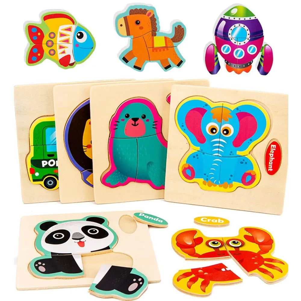 Wood 3D Animal Jigsaw Traffic Jigsaw Toys Multiple-topic Puzzle 3D Wooden Puzzle Animal Learning Cognition Baby Montessori Toys