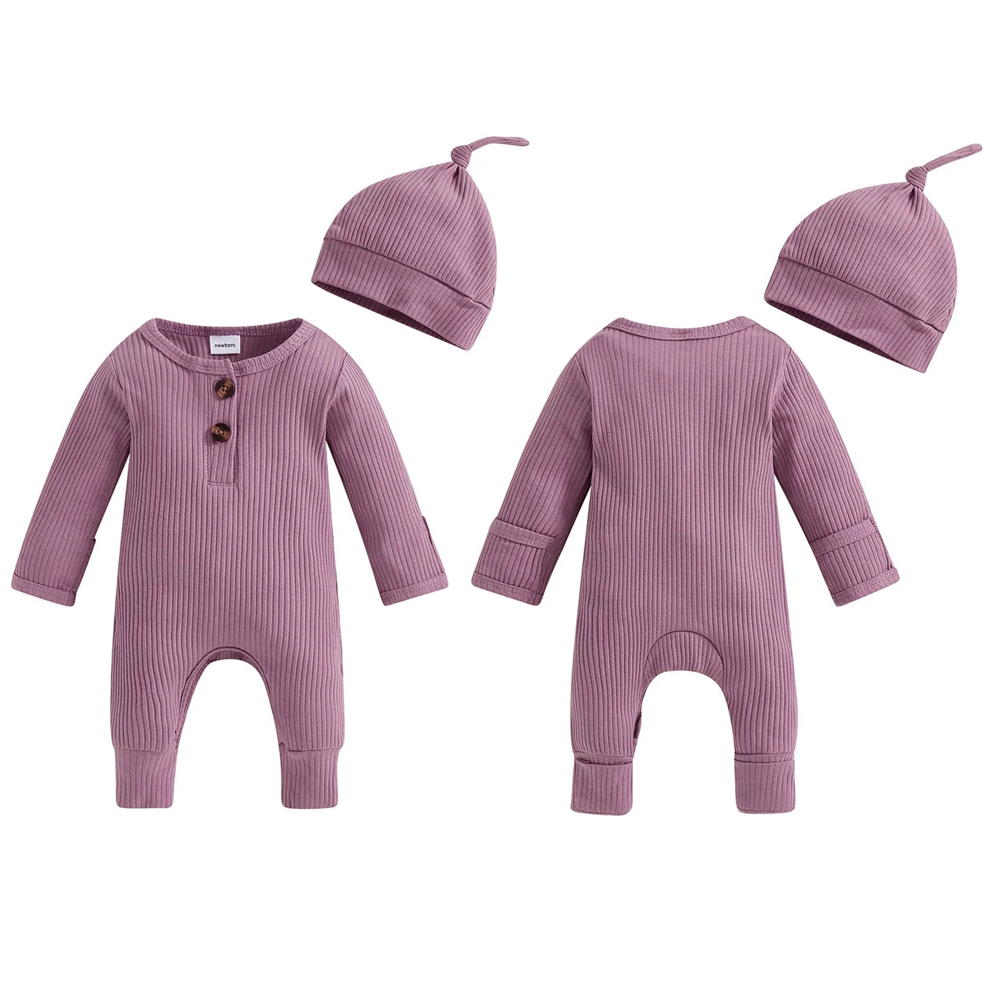 2025 Autumn Toddler Baby Girls Boys Knit Rompers Newborn Long Sleeve Crew Neck Solid Color Ribbed Button Jumpsuit with Hat