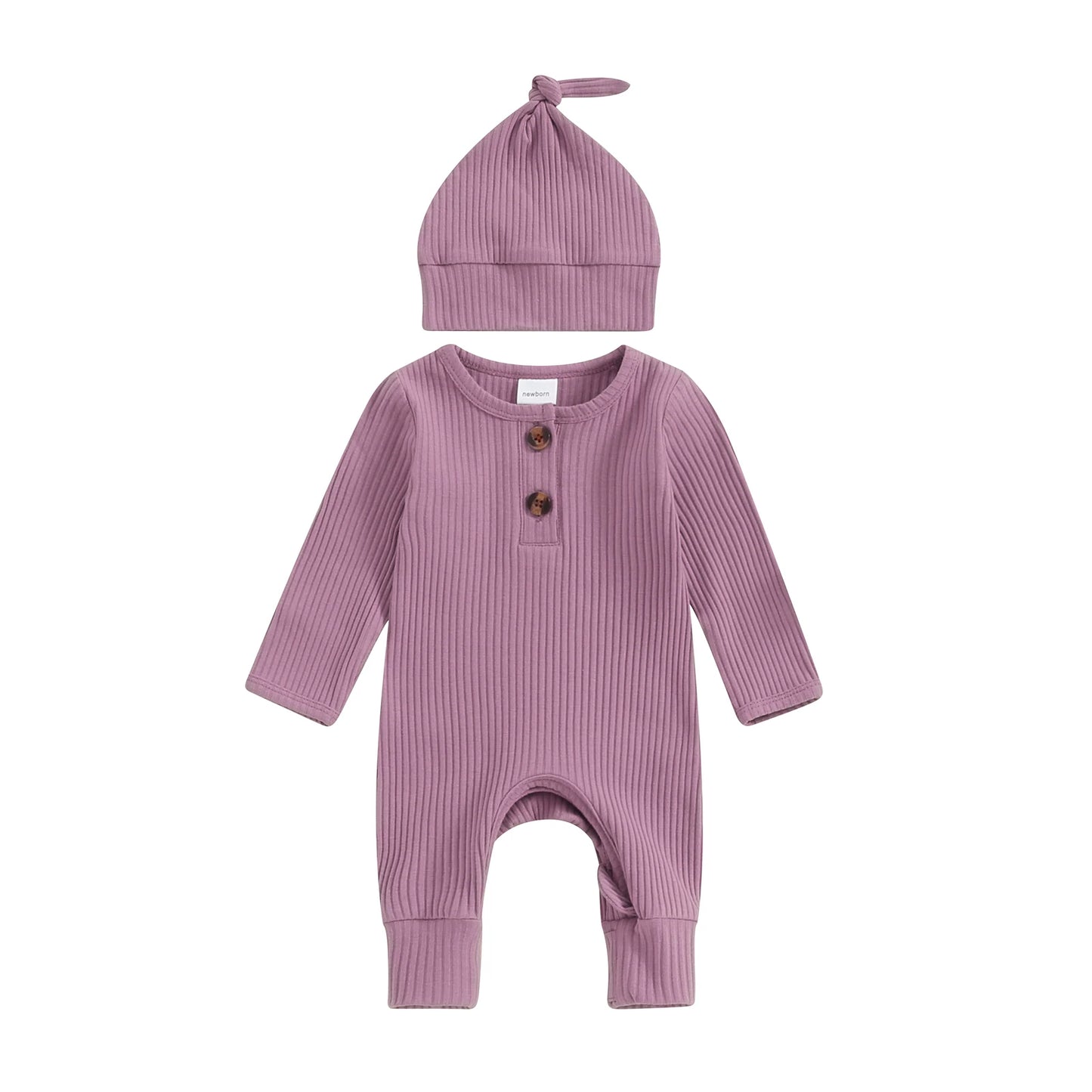 2025 Autumn Toddler Baby Girls Boys Knit Rompers Newborn Long Sleeve Crew Neck Solid Color Ribbed Button Jumpsuit with Hat