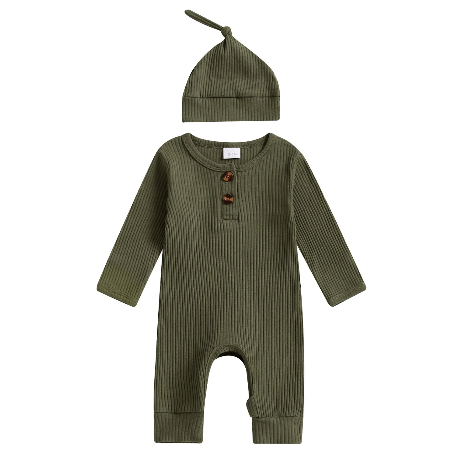 2025 Autumn Toddler Baby Girls Boys Knit Rompers Newborn Long Sleeve Crew Neck Solid Color Ribbed Button Jumpsuit with Hat