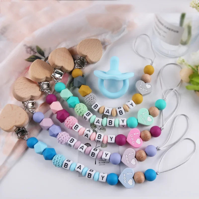Personalized Name Baby Pacifier Clips Silicone Heart Wood Dummy Nipple Holder Clip Chain Pacifiers Teethers Newborn Teething Toy