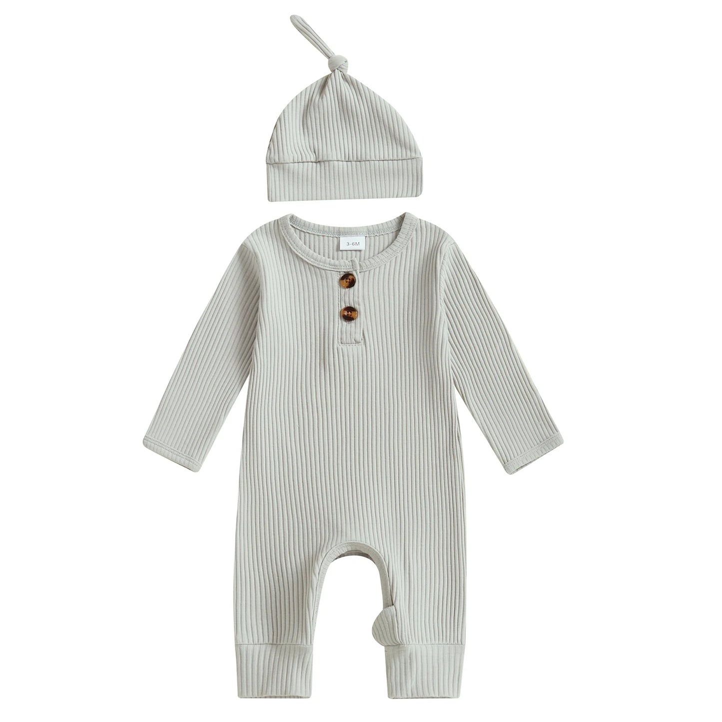 2025 Autumn Toddler Baby Girls Boys Knit Rompers Newborn Long Sleeve Crew Neck Solid Color Ribbed Button Jumpsuit with Hat