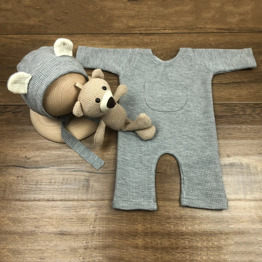 1 Set Newborn Photography Props Clothing Romper+Bear Ear Hat Baby Boys Girls Studio Photo Shooting Jumpsuit Outfits Accessories
