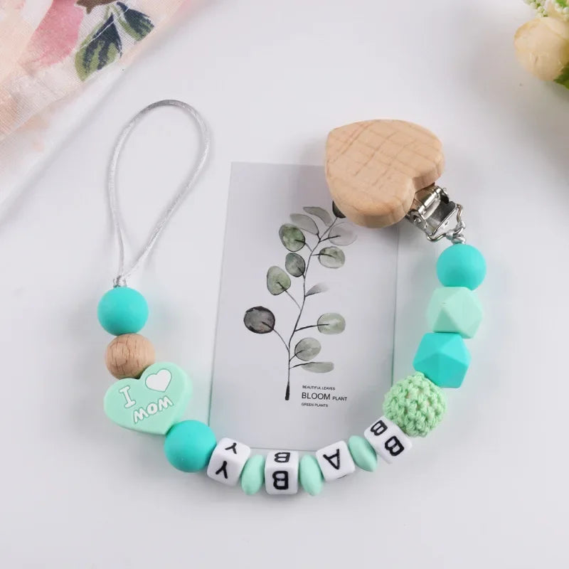 Personalized Name Baby Pacifier Clips Silicone Heart Wood Dummy Nipple Holder Clip Chain Pacifiers Teethers Newborn Teething Toy