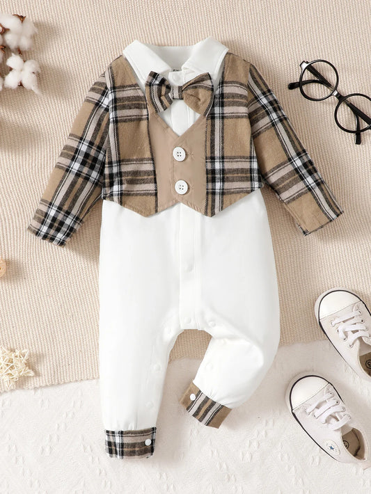 2Pcs Baby Boy Lapel Checkered Bodysuit+Hat Set fit 0-24 Months Male Baby Birthday Party Clothing Newborn Jumpsuit