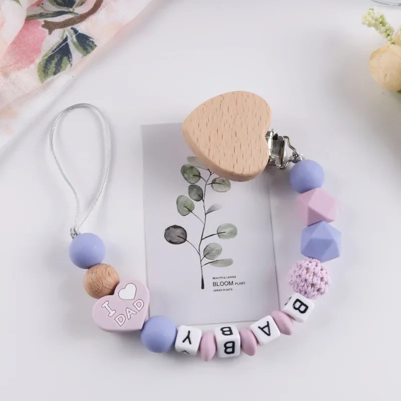 Personalized Name Baby Pacifier Clips Silicone Heart Wood Dummy Nipple Holder Clip Chain Pacifiers Teethers Newborn Teething Toy
