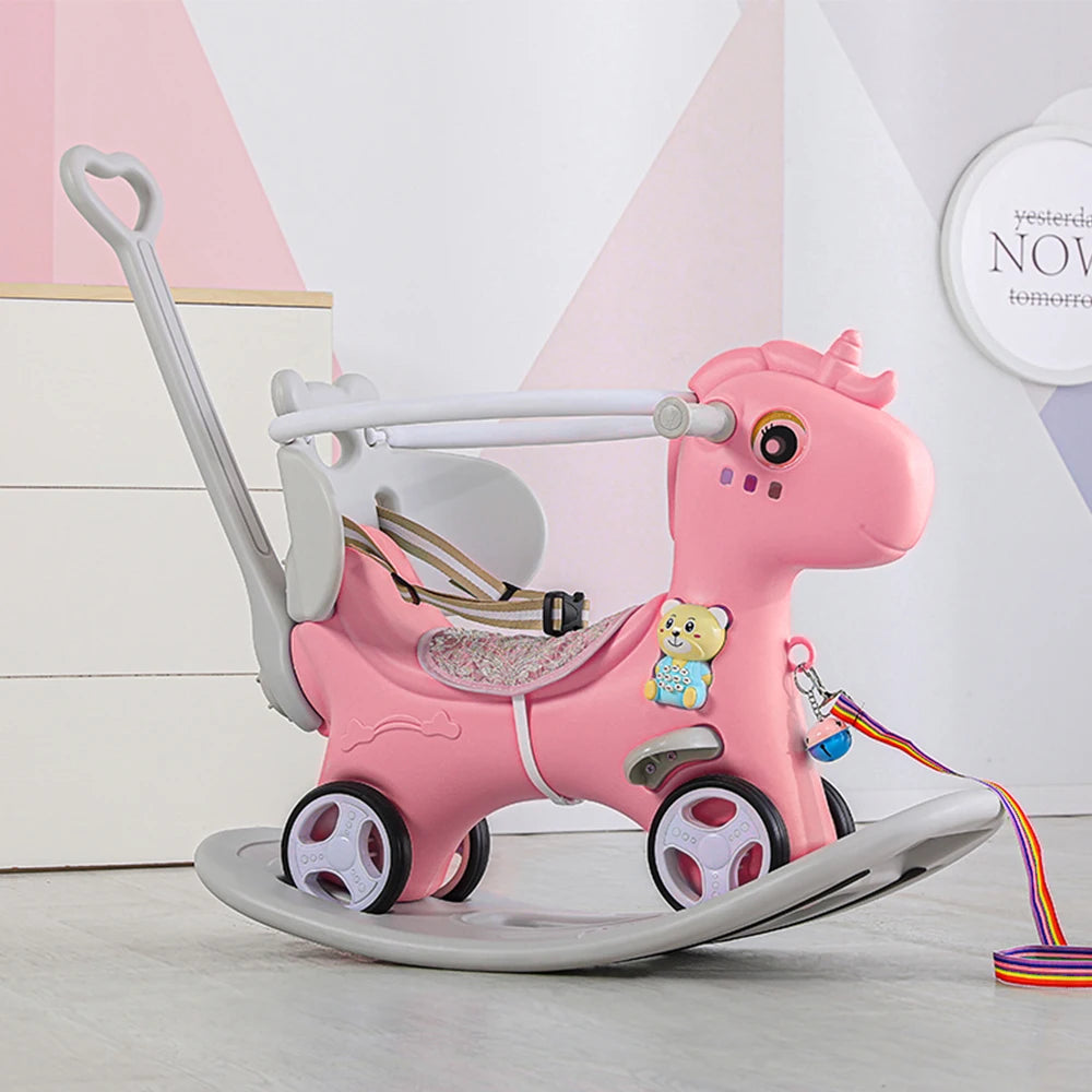 Rocking Horse for Toddlers, Balance Bike Ride On Toys with Push Handle, Backrest and Balance Board for Baby Girl and Boy