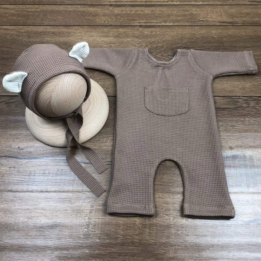1 Set Newborn Photography Props Clothing Romper+Bear Ear Hat Baby Boys Girls Studio Photo Shooting Jumpsuit Outfits Accessories
