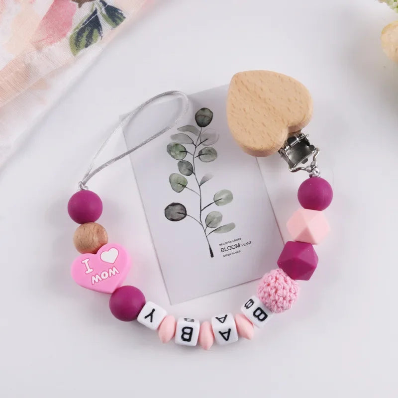 Personalized Name Baby Pacifier Clips Silicone Heart Wood Dummy Nipple Holder Clip Chain Pacifiers Teethers Newborn Teething Toy