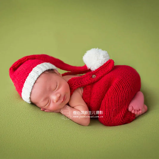 Newborn Photography Props Hat  Christmas Outfit Knitted Santa Claus Crochet Pompom  Baby Romper Jumpsuit  Photo Shoot Studio
