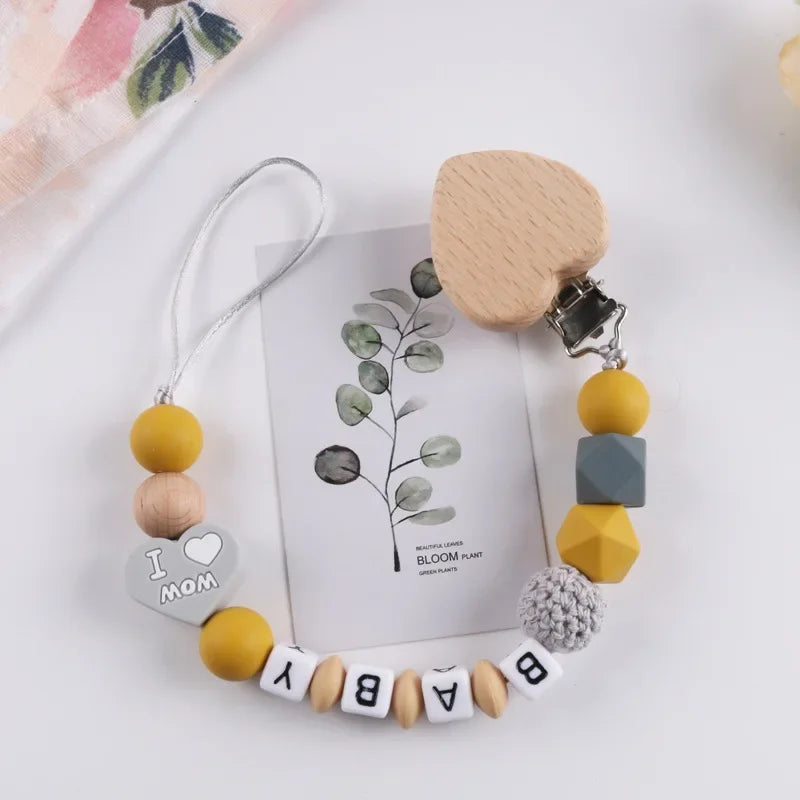 Personalized Name Baby Pacifier Clips Silicone Heart Wood Dummy Nipple Holder Clip Chain Pacifiers Teethers Newborn Teething Toy