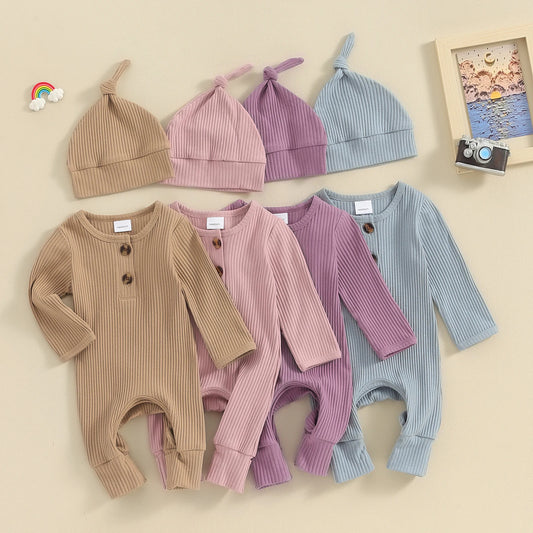 2025 Autumn Toddler Baby Girls Boys Knit Rompers Newborn Long Sleeve Crew Neck Solid Color Ribbed Button Jumpsuit with Hat